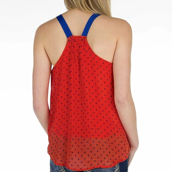 2/$24 Daytrip Polka Dot Tank Top Chiffon Overlay Henley Red Navy Small #8810 - Picture 5 of 8